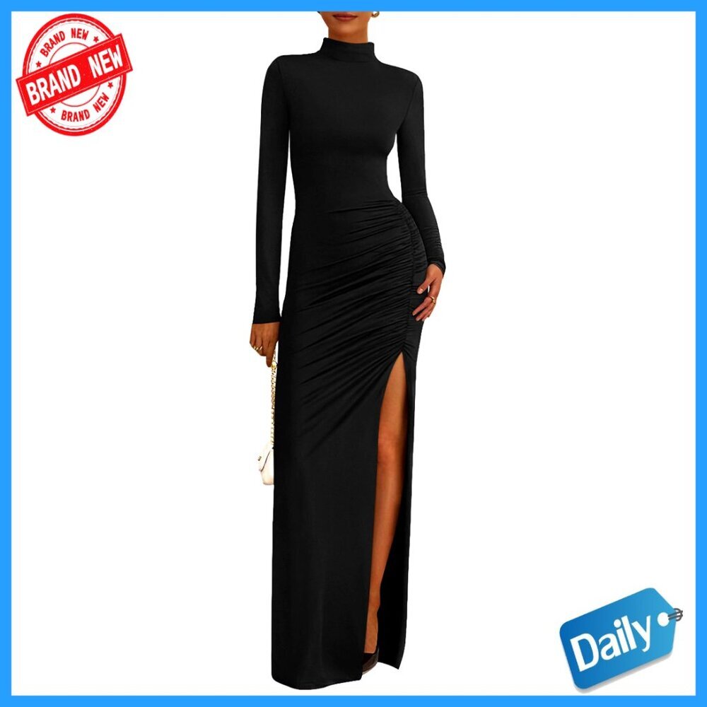 Long Sleeve Mock Neck Ruched Bodycon Maxi Dress Formal Chic Wedding Guest